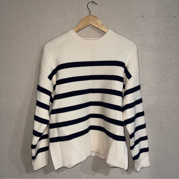 Zara | Cream and Navy Striped Knit Sweater Size: small - Picture 2 of 7